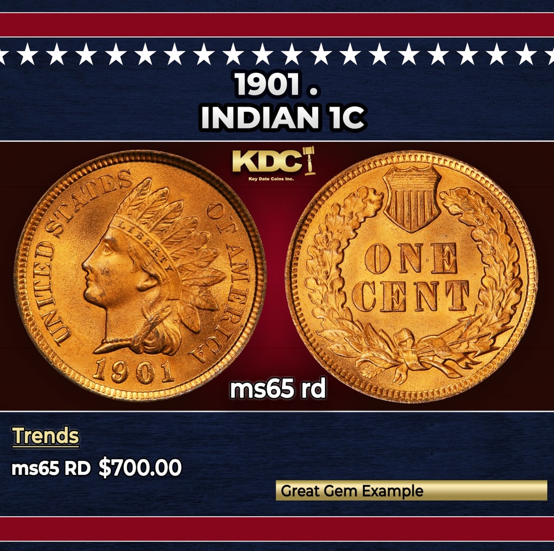 1901 Indian Cent . 1c Grades ms65 rd: 1901 . Indian Cent 1c Grades ms65 rd. Historic precious metal trends is causing increased spot pricing by the day. On auctions with set openings, we are doing our best to have items priced at their ma