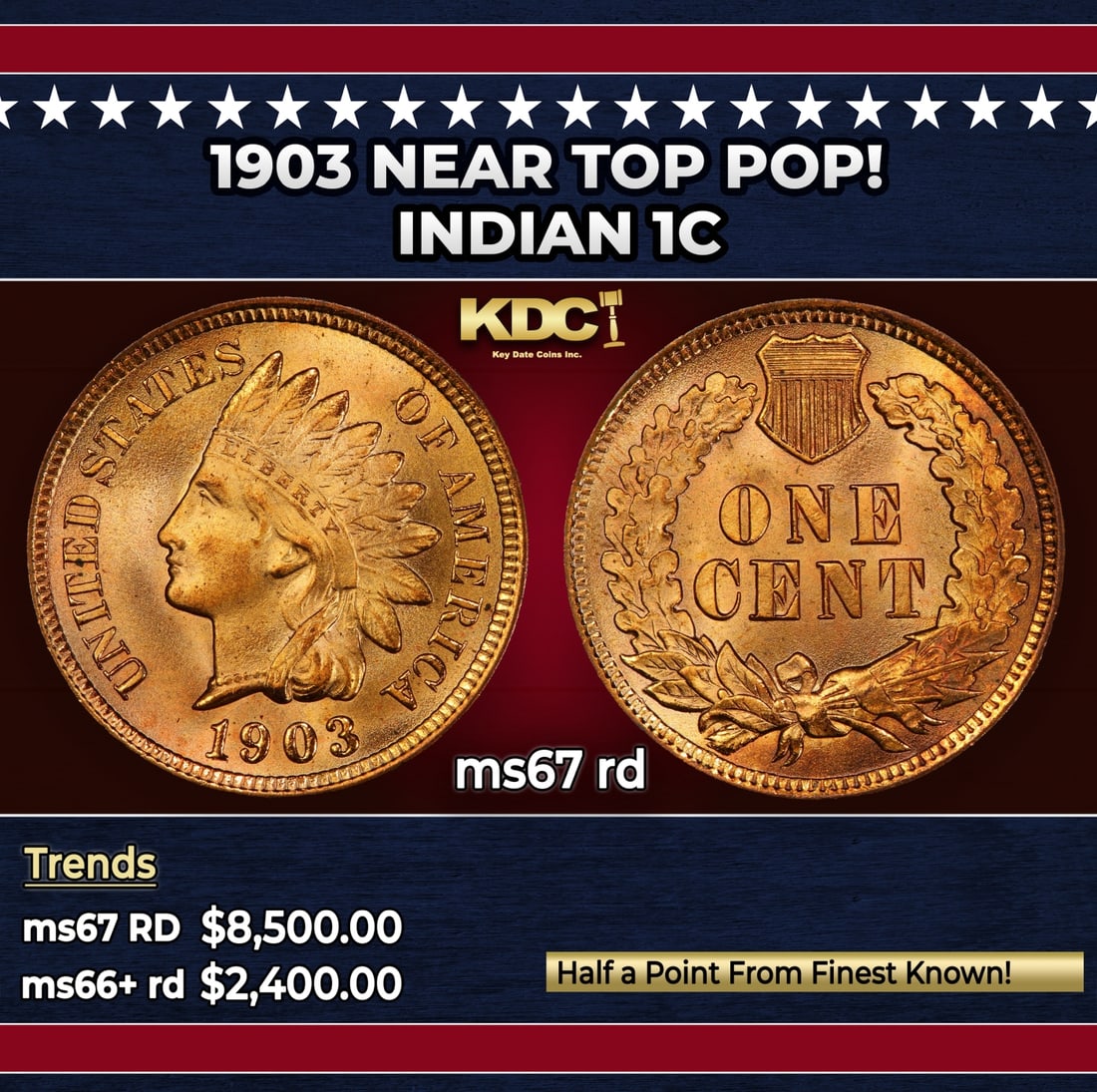 1903 Indian Cent Near Top Pop! 1c ms67 rd SEGS: 1903 Near Top Pop! Indian Cent 1c ms67 rd SEGS. Historic precious metal trends is causing increased spot pricing by the day. On auctions with set openings, we are doing our best to have items priced a