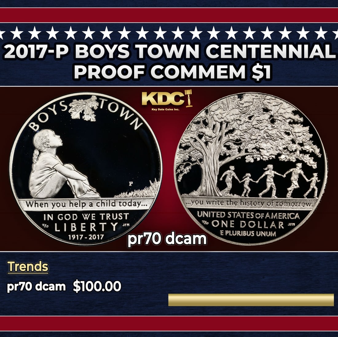 2017-p Boys Town Centennial Proof Modern Commem Dollar $1 pr70 dcam SEGS: 2017-p Boys Town Centennial Modern Commem Dollar $1 pr70 dcam SEGS. Historic precious metal trends is causing increased spot pricing by the day. On auctions with set openings, we are doing our best to