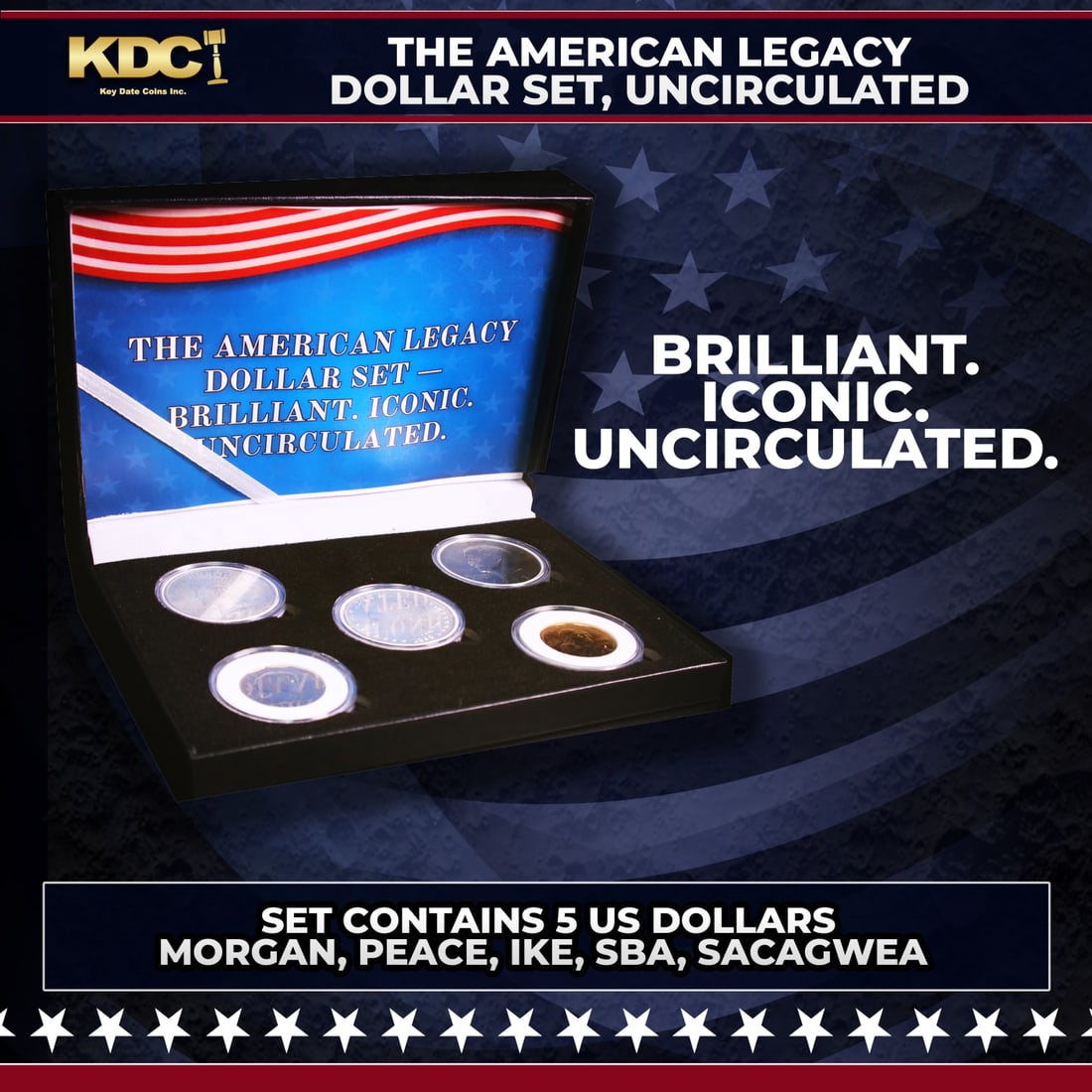 5 Coin American Dollar Legacy Set, 5 US Dollar Coins Morgan, Peace, Ike, SBA, Sacagawea All UNC: 5 Coin American Dollar Legacy Set, 5 US Dollar Coins Morgan, Peace, Ike, SBA, Sacagawea All UNC COOL!. Please Note All Backer Cards may have slight differences but will be very similar if not identica