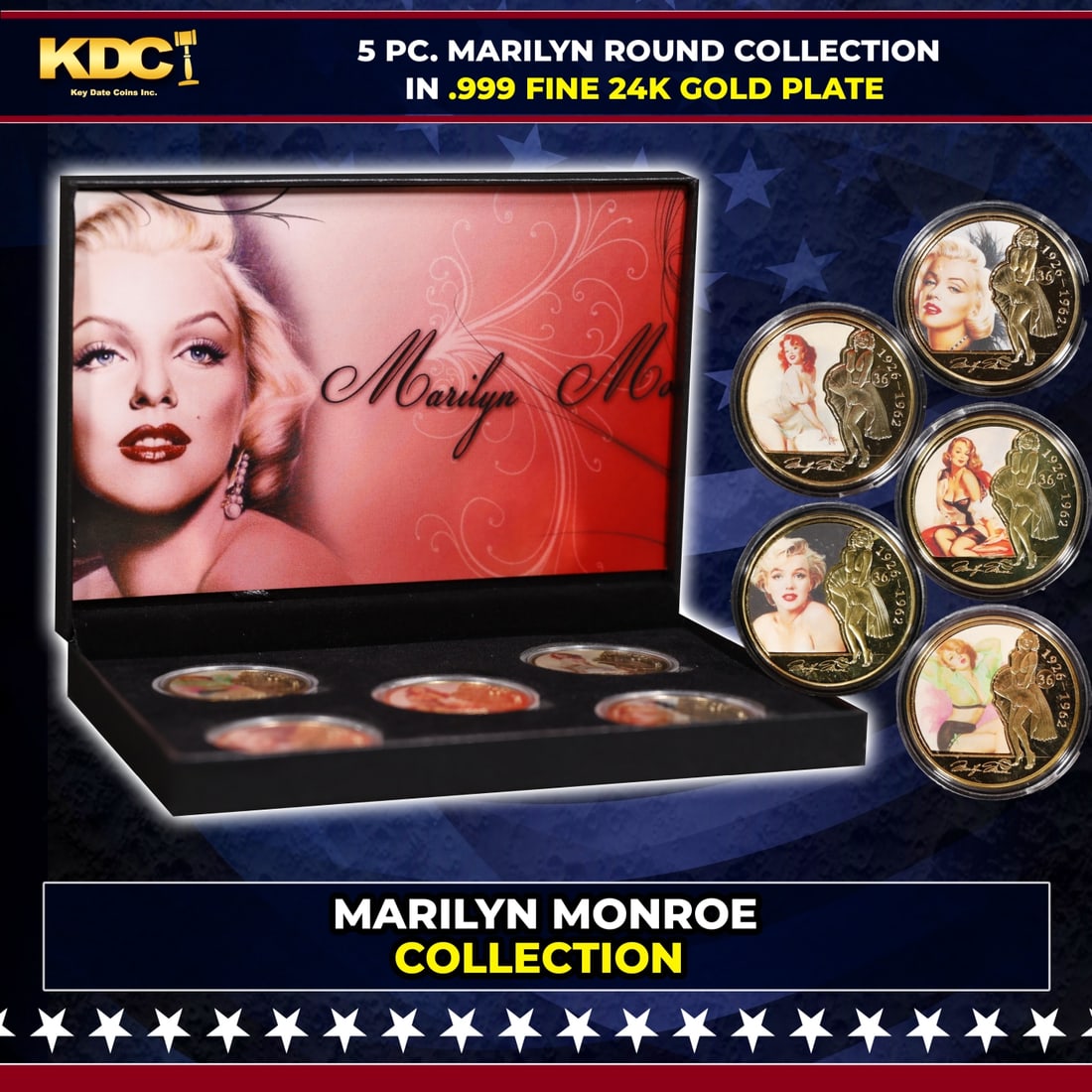 5 Coin Marilyn Monroe Gold Plated Round Collection Pop Culture Icon: 5 Coin Marilyn Monroe Gold Plated Round Collection Pop Culture Icon. 5 Pc. Marilyn Monroe Gold Plated Round Collection. This set contains 5 rounds made up of .999 Fine Gold Plate from The Marilyn Monr