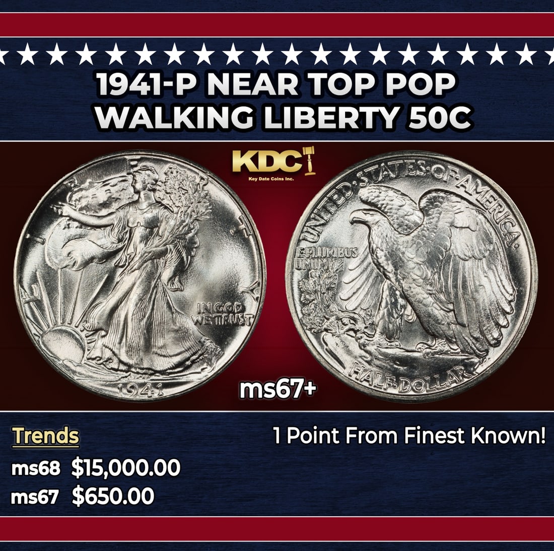 1941-p Walking Liberty Half Dollar Near Top Pop 50c ms67+ SEGS: 1941-p Near Top Pop Walking Liberty Half Dollar 50c ms67+ SEGS. Historic precious metal trends is causing increased spot pricing by the day. On auctions with set openings, we are doing our best to hav
