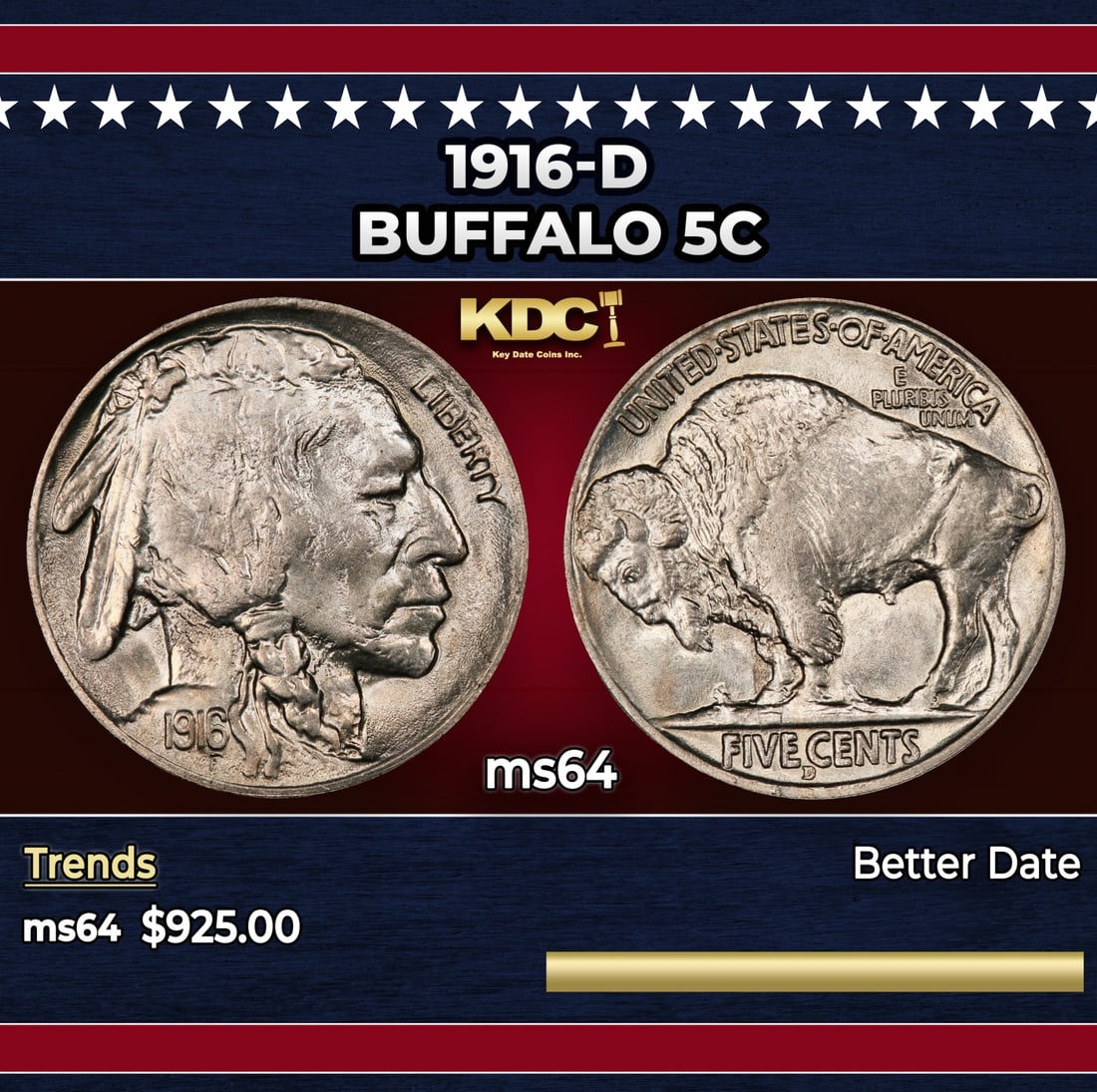 1916-d Buffalo Nickel 5c Grades ms64: 1916-d Buffalo Nickel 5c Grades ms64. Historic precious metal trends is causing increased spot pricing by the day. On auctions with set openings, we are doing our best to have items priced at their ma