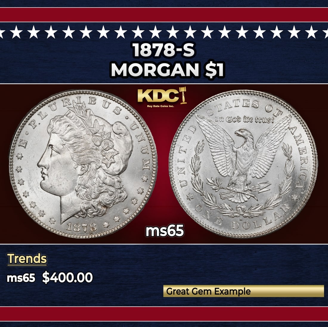 1878-s Morgan Dollar $1 Grades ms65: 1878-s Morgan Dollar $1 Grades ms65. Slightly better date. First year of issue.
