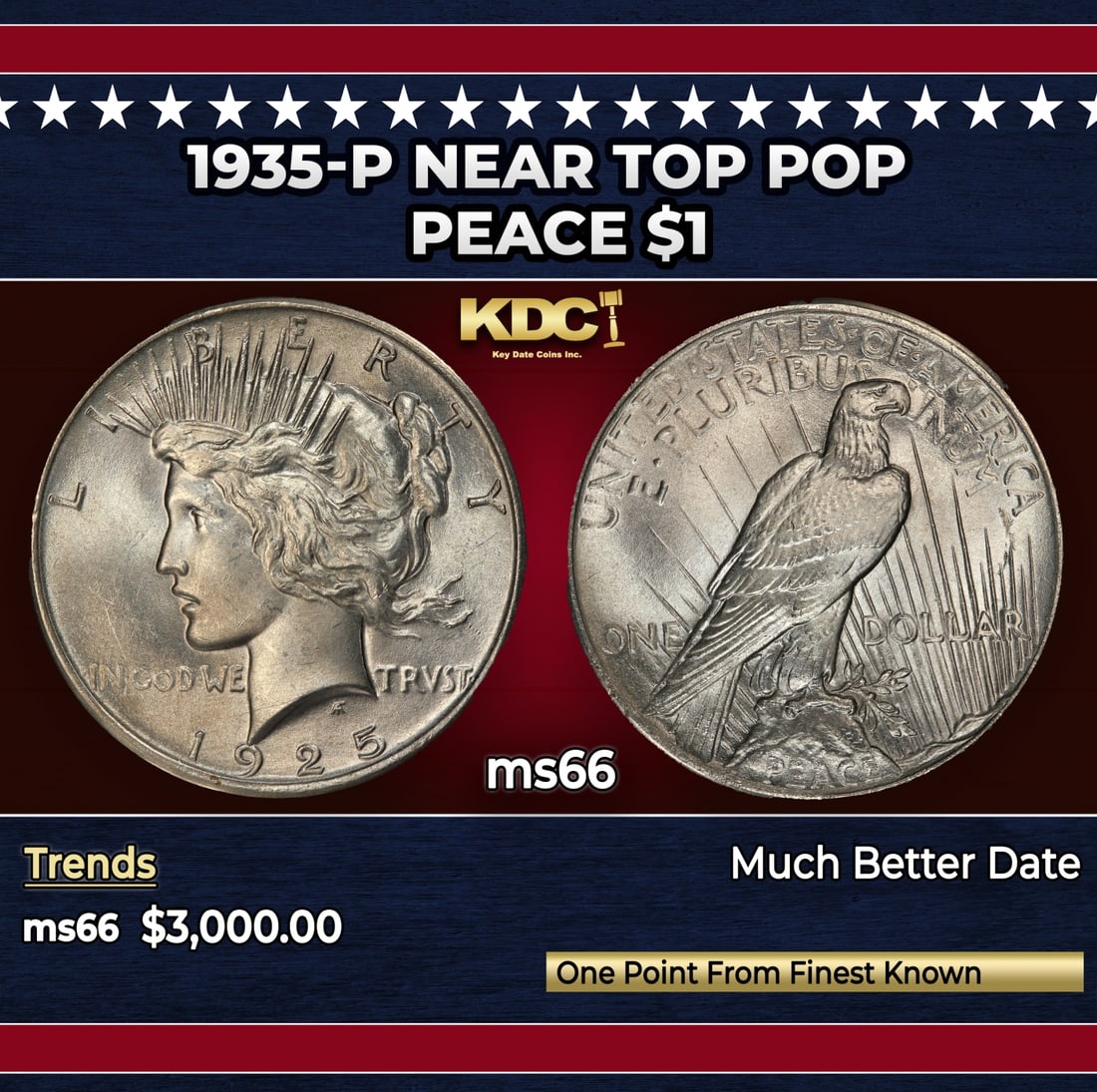 1935-p Peace Dollar Near Top Pop $1 ms66 SEGS: 1935-p Near Top Pop Peace Dollar $1 ms66 SEGS. Historic precious metal trends is causing increased spot pricing by the day. On auctions with set openings, we are doing our best to have items priced at