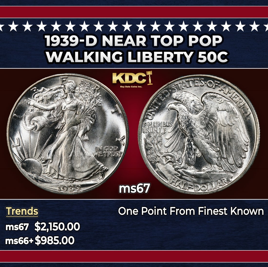 1939-d Walking Liberty Half Dollar Near Top Pop 50c ms67 SEGS: 1939-d Near Top Pop Walking Liberty Half Dollar 50c ms67 SEGS. Historic precious metal trends is causing increased spot pricing by the day. On auctions with set openings, we are doing our best to have
