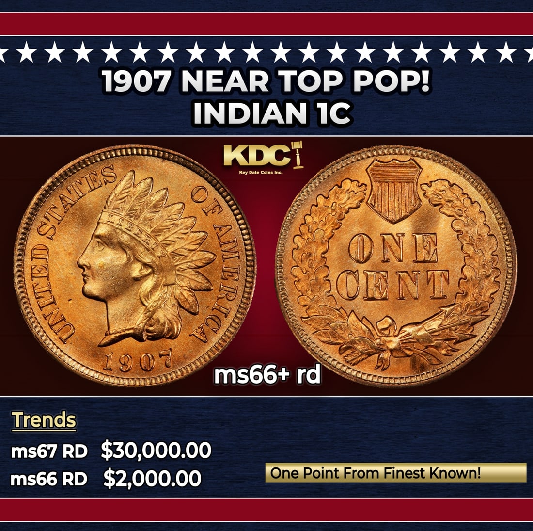 1907 Indian Cent Near Top Pop! 1c ms66+ rd SEGS: 1907 Near Top Pop! Indian Cent 1c ms66+ rd SEGS. Historic precious metal trends is causing increased spot pricing by the day. On auctions with set openings, we are doing our best to have items priced 