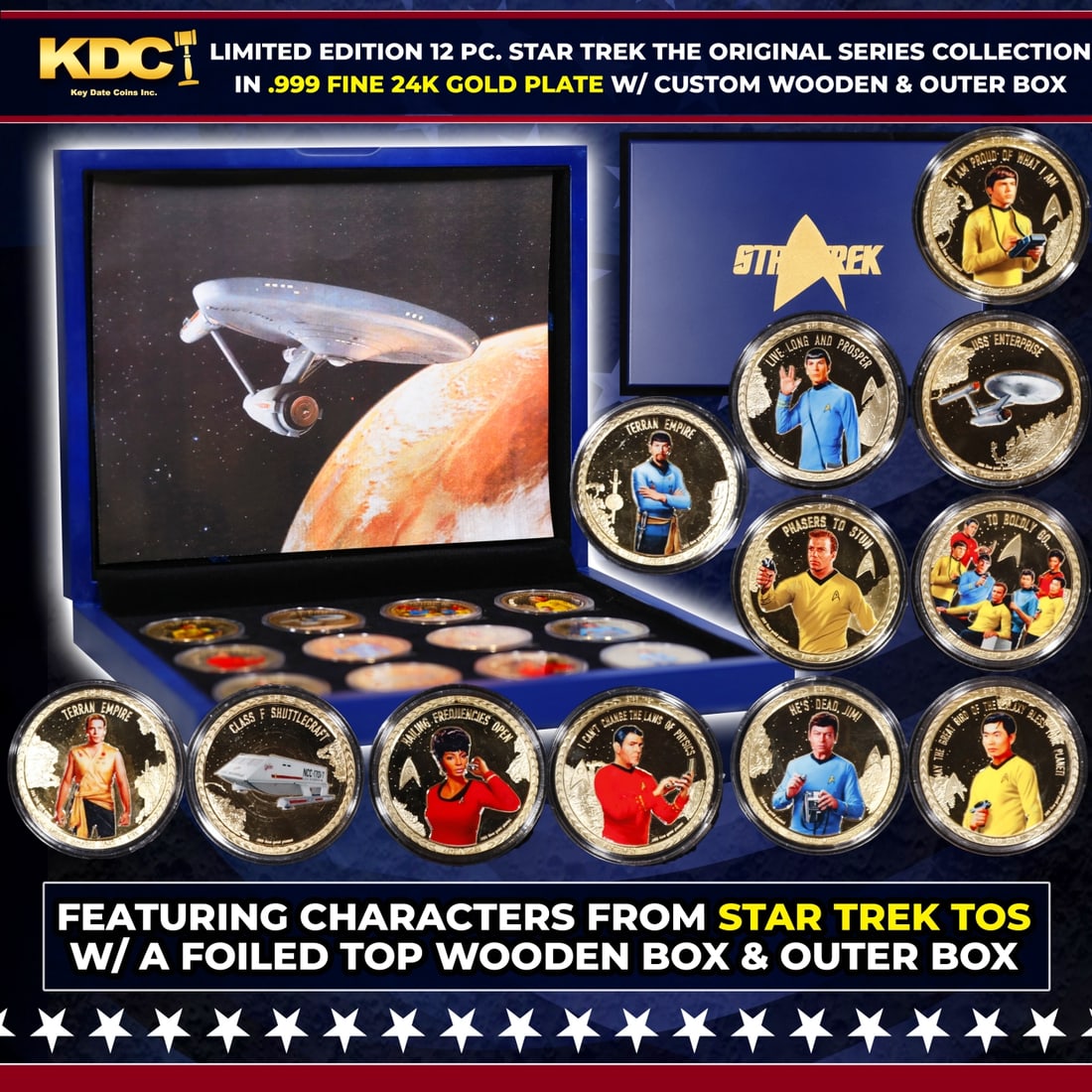 Limited Edition 12 Coin Star Trek The Original Series A Gold Plated Collection In Custom WOODEN Box: Limited Edition 12 Coin Star Trek The Original Series A Gold Plated Collection In Custom WOODEN Box W/ Special Backer card. Please Note All Backer Cards may have slight differences but will be very si