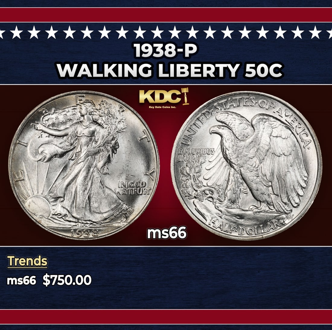 1938-p Walking Liberty Half Dollar 50c Grades ms66: 1938-p Walking Liberty Half Dollar 50c Grades ms66. Historic precious metal trends is causing increased spot pricing by the day. On auctions with set openings, we are doing our best to have items pric