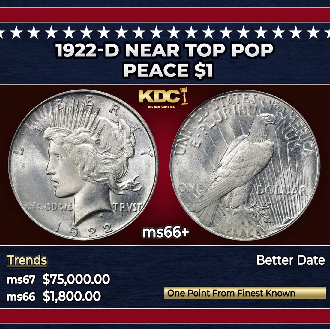 1922-d Peace Dollar Near Top Pop $1 ms66+ SEGS: 1922-d Near Top Pop Peace Dollar $1 ms66+ SEGS. Historic precious metal trends is causing increased spot pricing by the day. On auctions with set openings, we are doing our best to have items priced a