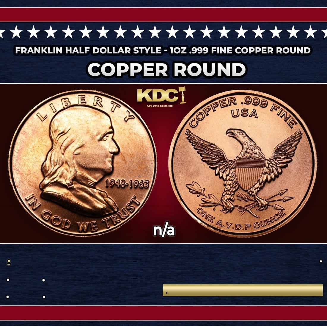 Franklin Half Dollar Style - 1oz .999 Fine Copper Round: Franklin Half Dollar Style - 1oz .999 Fine Copper Round. Historic precious metal trends is causing increased spot pricing by the day. On auctions with set openings, we are doing our best to have items