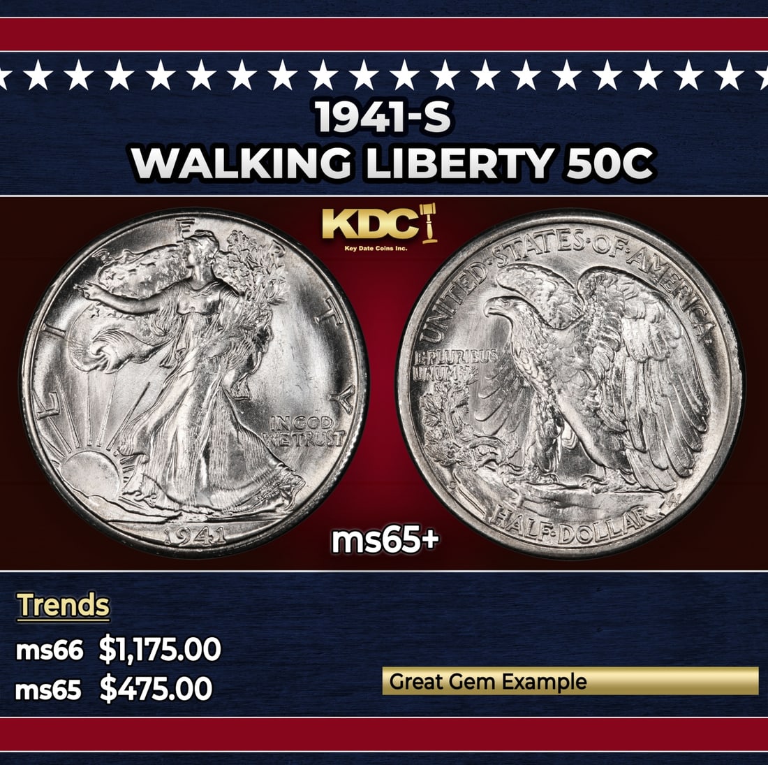 1941-s Walking Liberty Half Dollar 50c Grades ms65+: 1941-s Walking Liberty Half Dollar 50c Grades ms65+. Historic precious metal trends is causing increased spot pricing by the day. On auctions with set openings, we are doing our best to have items pri