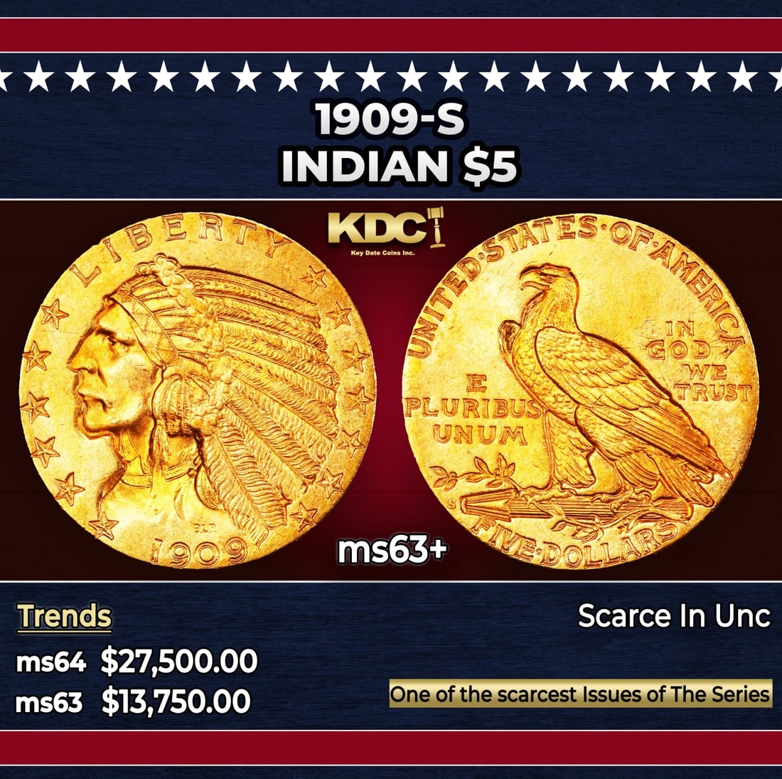 1909-s Gold Indian Half Eagle $5 ms63+ USCG: 1909-s Gold Indian Half Eagle $5 ms63+ USCG. Per David Akers of PCGS "The 1909-S is one of the four or five rarest issues of the series. Among San Francisco Mint issues it is virtually on par with the