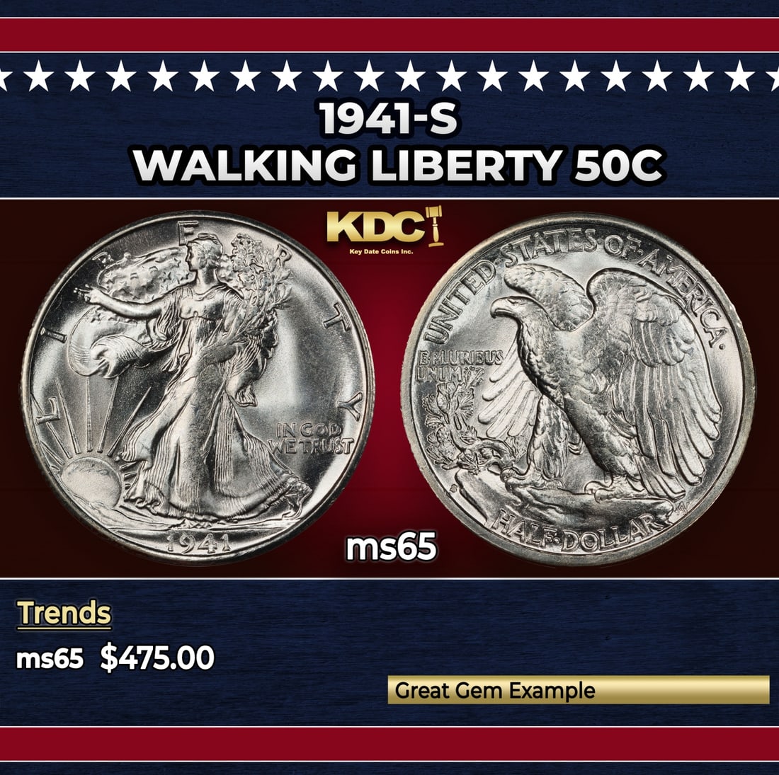 1941-s Walking Liberty Half Dollar 50c Grades ms65: 1941-s Walking Liberty Half Dollar 50c Grades ms65. Historic precious metal trends is causing increased spot pricing by the day. On auctions with set openings, we are doing our best to have items pric