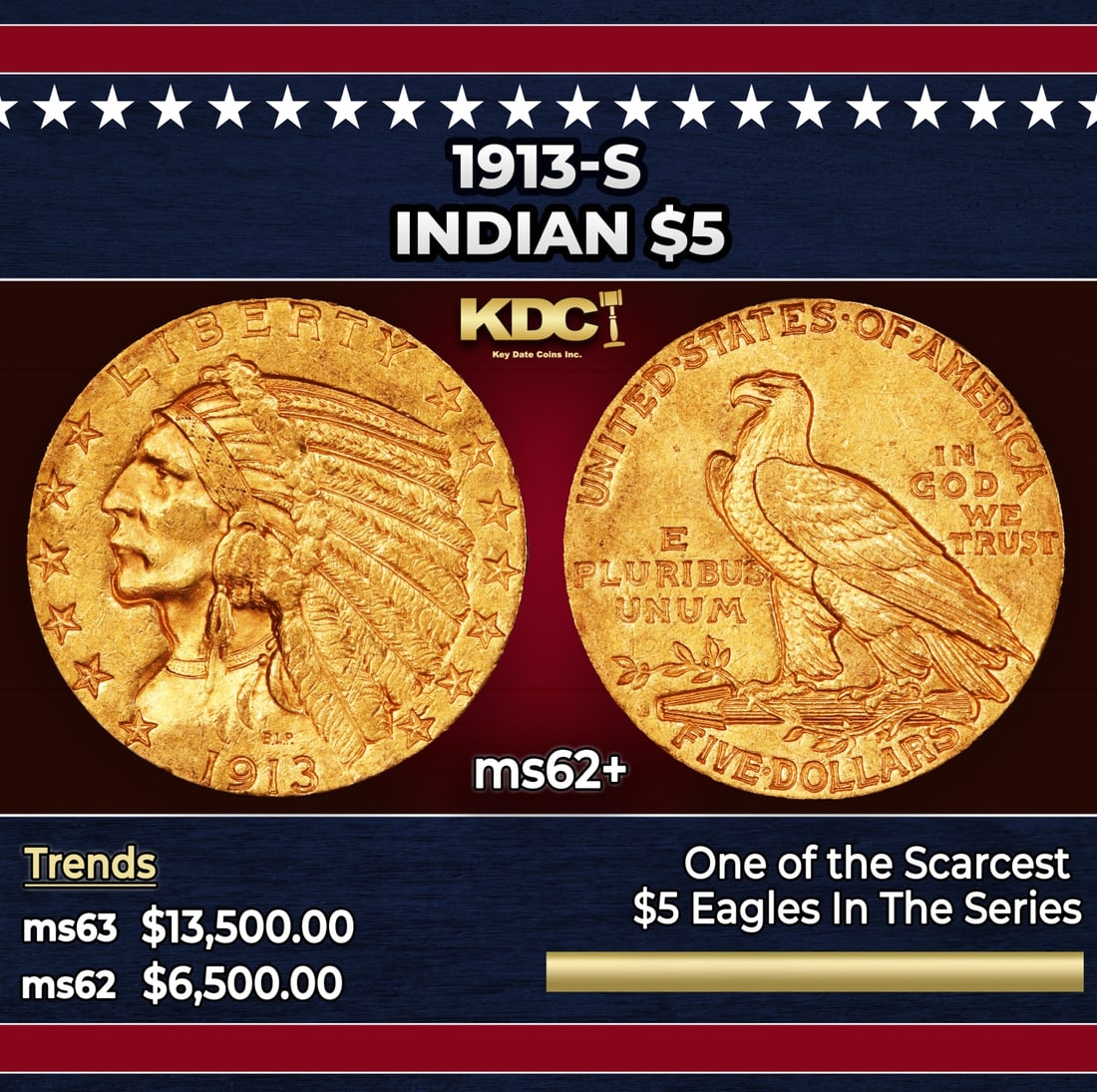 1913-s Gold Indian Half Eagle $5 ms62+ USCG: 1913-s Gold Indian Half Eagle $5 ms62+ USCG. The 1913 Indian $5 is a tremendous condition rarity, with pieces readily available in lower Mint State but increasingly unavailable approaching Gem. While 