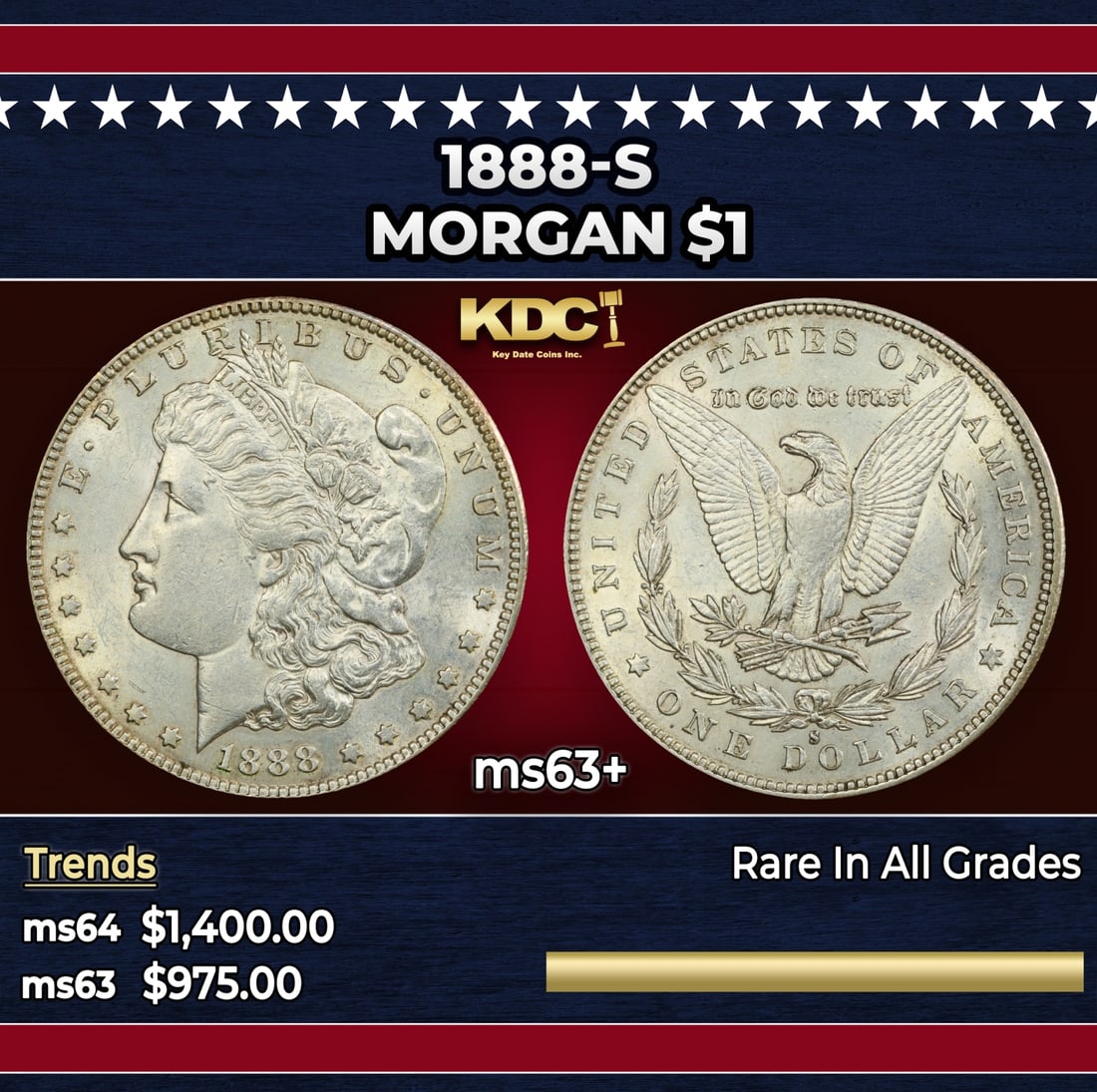 1888-s Morgan Dollar $1 ms63+ USCG: 1888-s Morgan Dollar $1 ms63+ USCG.