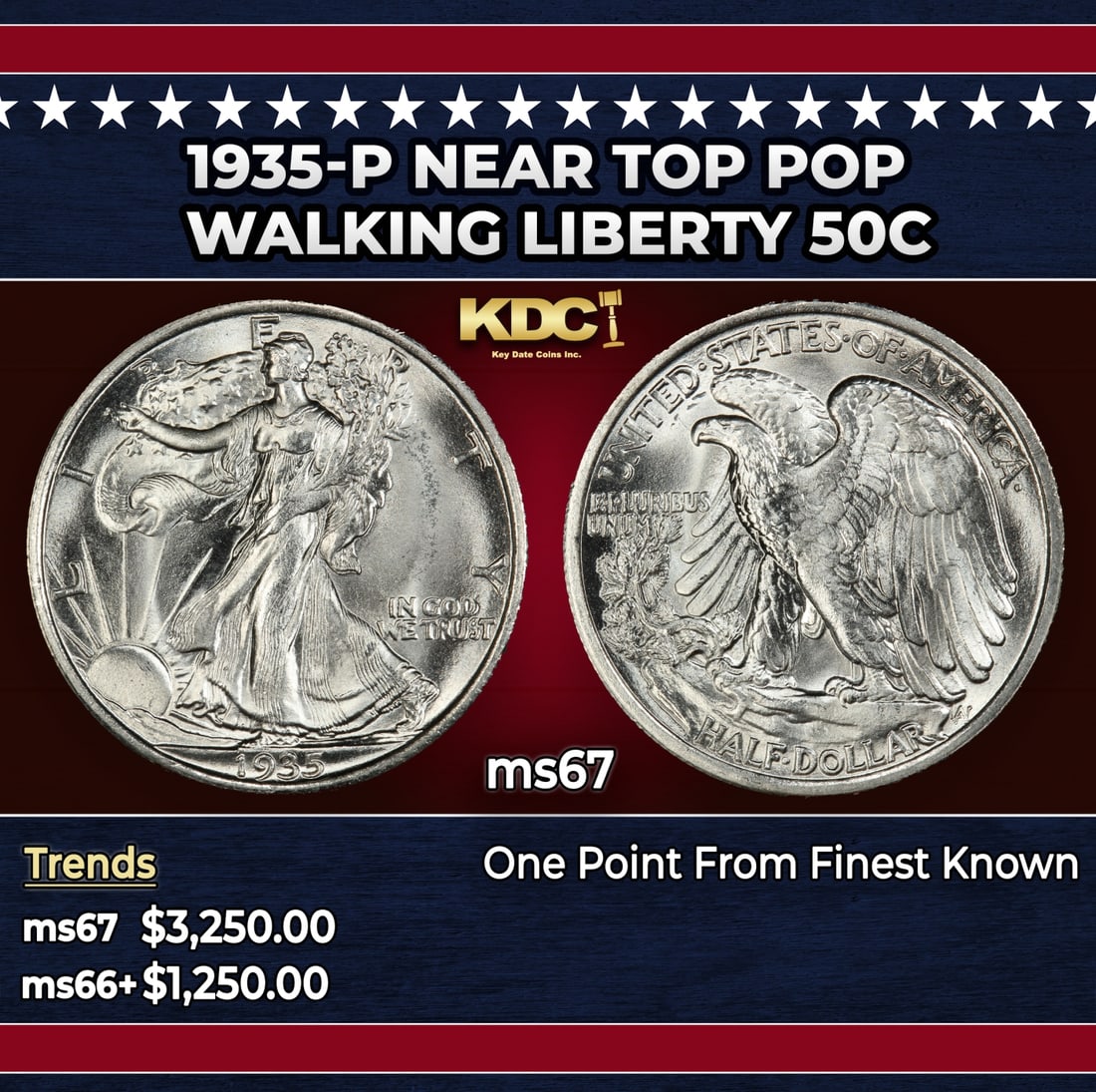 1935-p Walking Liberty Half Dollar Near Top Pop 50c ms67 SEGS: 1935-p Near Top Pop Walking Liberty Half Dollar 50c ms67 SEGS. Historic precious metal trends is causing increased spot pricing by the day. On auctions with set openings, we are doing our best to have