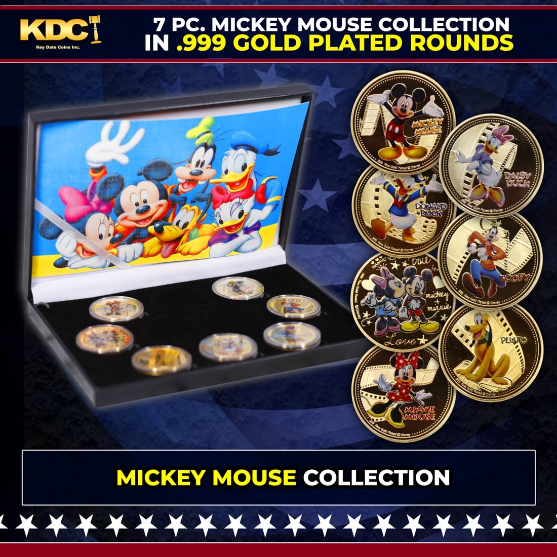 7 Coin Mickey Mouse & Friends Gold Plated Round Collection: 7 Coin Mickey Mouse & Friends Gold Plated Round Collection. Please Note All Backer Cards may have slight differences but will be very similar if not identical to the one in the photo