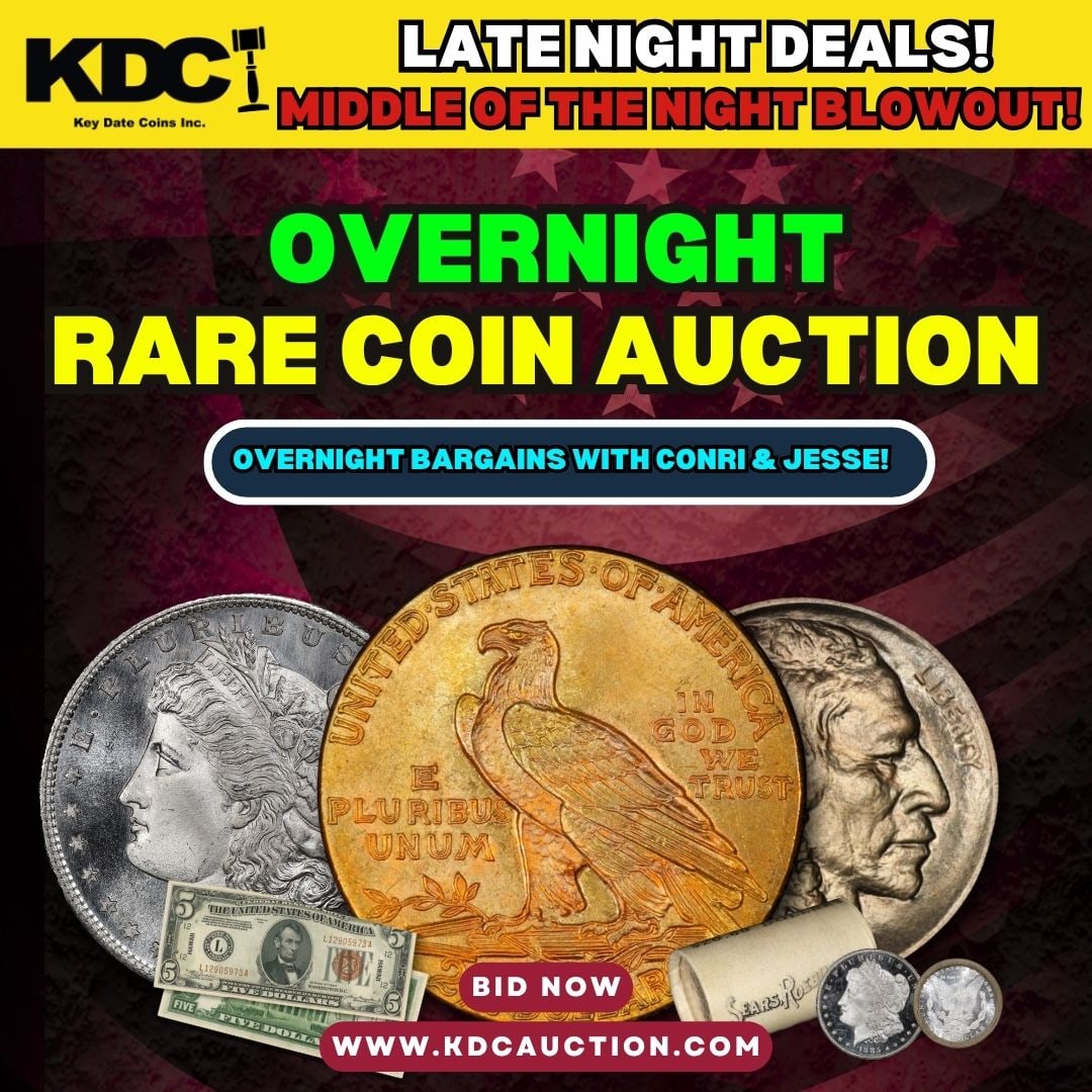 Cover: We are so excited to launch the newest collection of our Overnight Live online coin auction with Conri and Jesse! ALL NIGHT ENTERTAINMENT! 5 nights a week!This is an online coin auction featuring Gold