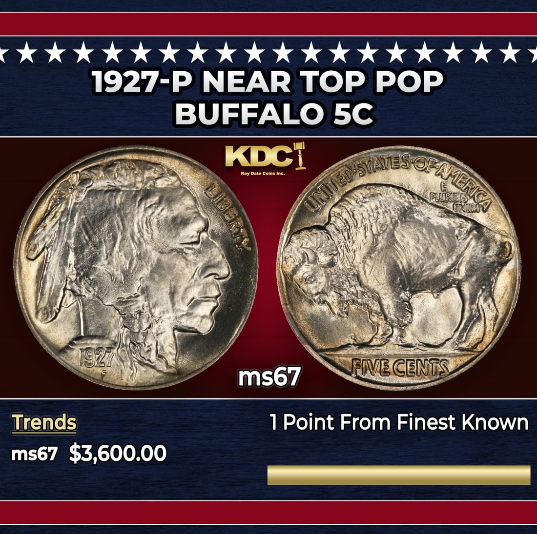 1927-p Buffalo Nickel Near Top Pop 5c ms67 SEGS: 1927-p Near Top Pop Buffalo Nickel 5c ms67 SEGS. Historic precious metal trends is causing increased spot pricing by the day. On auctions with set openings, we are doing our best to have items priced 