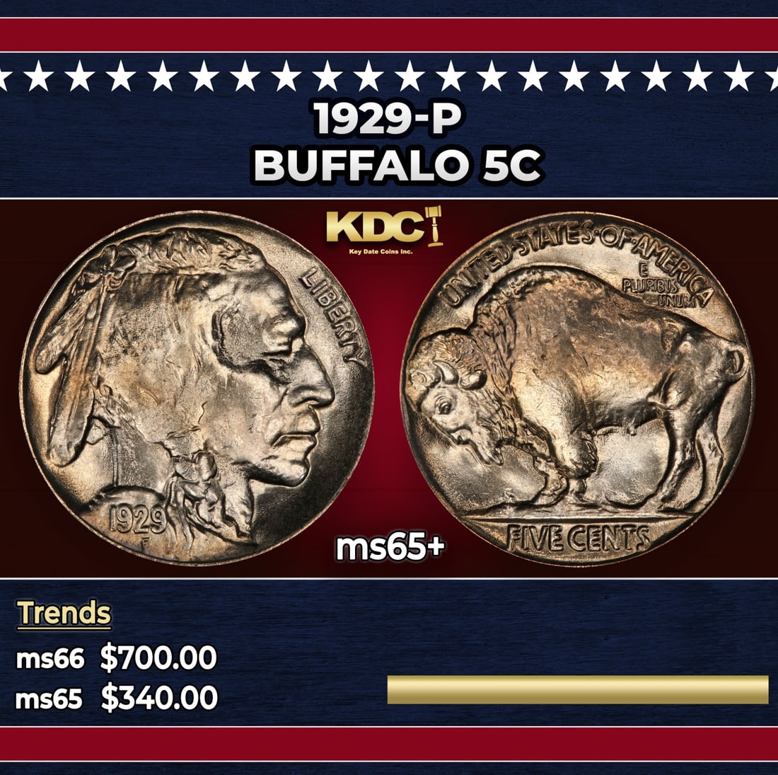 1929-p Buffalo Nickel 5c Grades ms65+: 1929-p Buffalo Nickel 5c Grades ms65+. Historic precious metal trends is causing increased spot pricing by the day. On auctions with set openings, we are doing our best to have items priced at their m