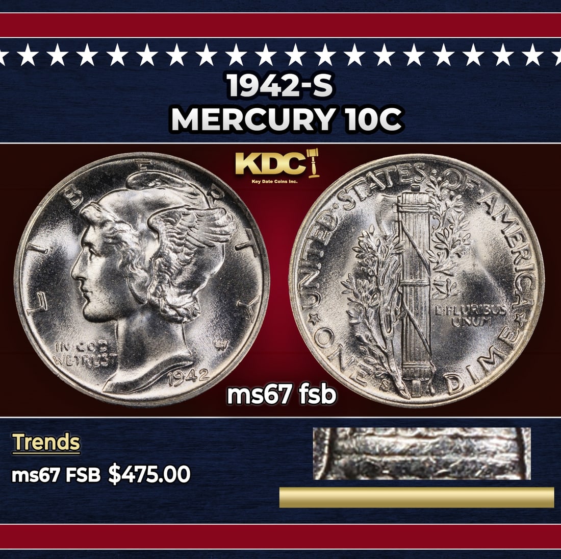 1942-s Mercury Dime 10c ms67 fsb SEGS: 1942-s Mercury Dime 10c ms67 fsb SEGS. Historic precious metal trends is causing increased spot pricing by the day. On auctions with set openings, we are doing our best to have items priced at their m