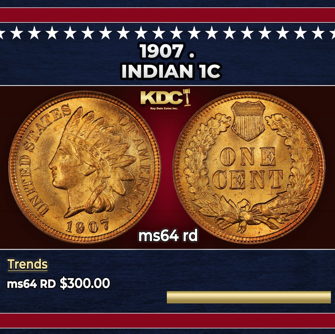 1907 Indian Cent . 1c Grades ms64 rd: 1907 . Indian Cent 1c Grades ms64 rd. Historic precious metal trends is causing increased spot pricing by the day. On auctions with set openings, we are doing our best to have items priced at their ma