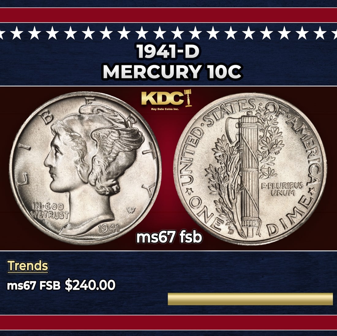 1941-d Mercury Dime 10c ms67 fsb SEGS: 1941-d Mercury Dime 10c ms67 fsb SEGS. Historic precious metal trends is causing increased spot pricing by the day. On auctions with set openings, we are doing our best to have items priced at their m