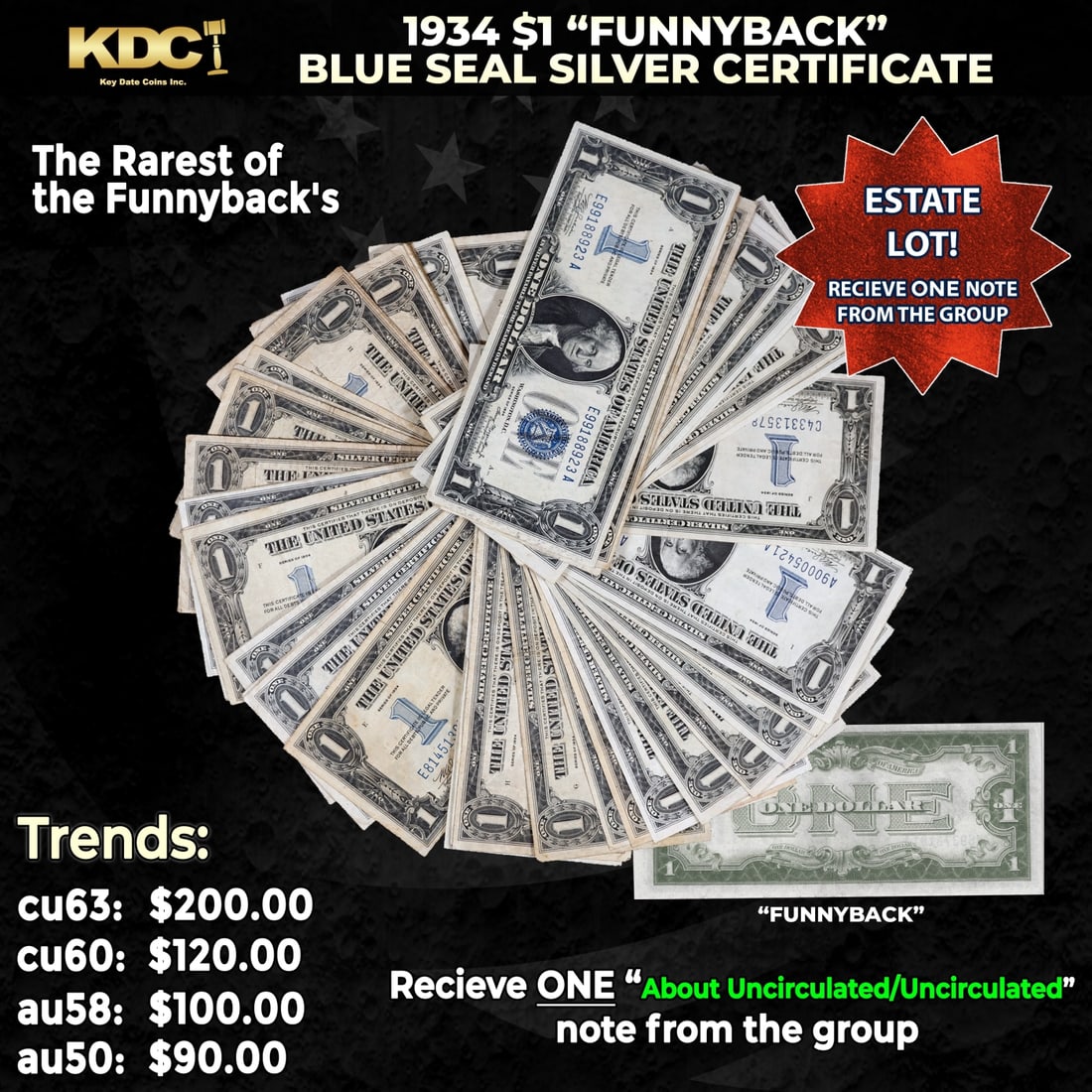 1x 1934 $1 Funnyback Blue Seal Silver Certificate Grades AU/CU: 1x 1934 $1 Funnyback Blue Seal Silver Certificate Grades AU/CU. This note features the familiar portrait of George Washington that was used on all of our $1 bills through to today, and the back shows 