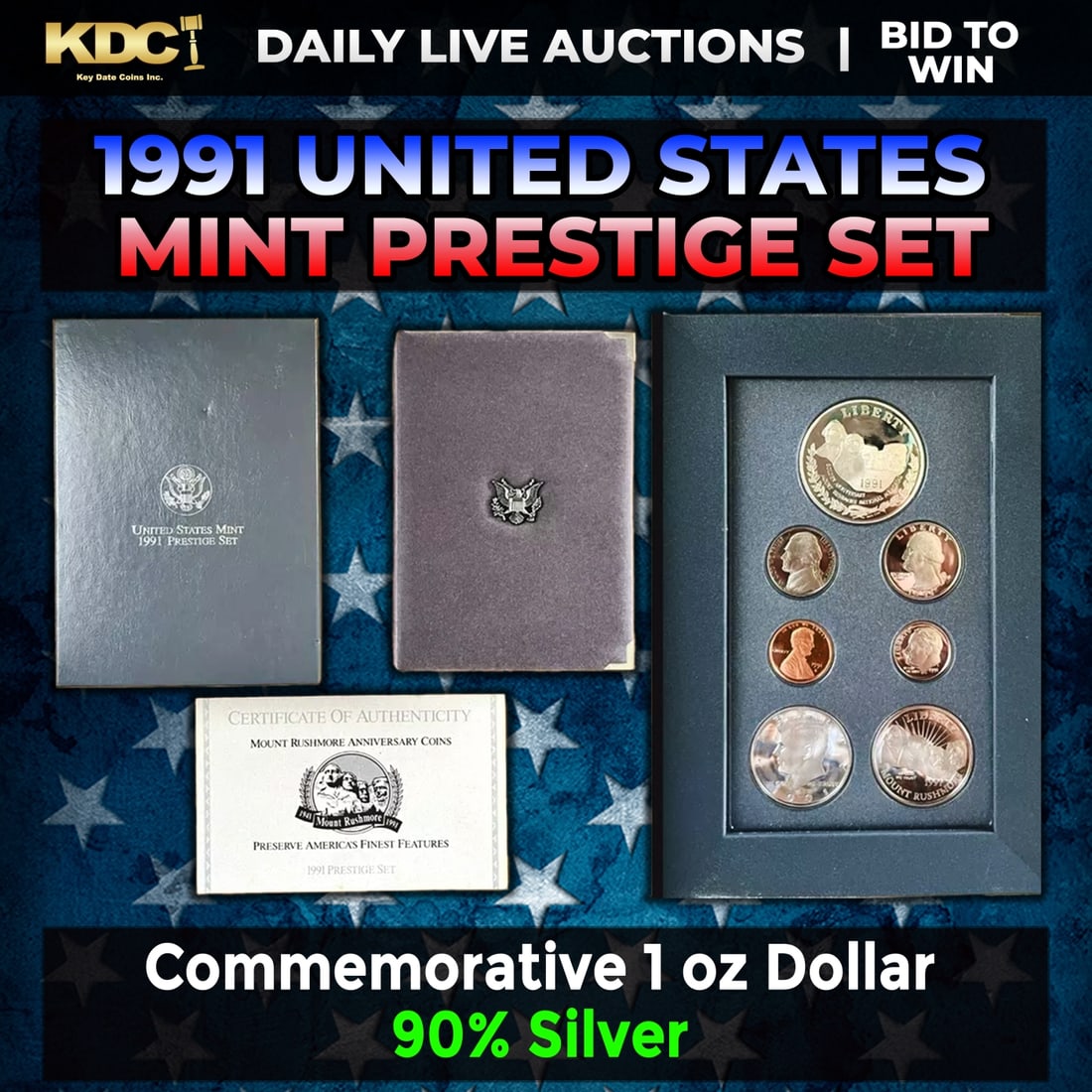 1991 United States Mint Prestige Proof Set 6 Coins W/ Box & COA: 1991 United States Mint Prestige Proof Set 6 Coins W/ Box & COA. Product DetailsThis wonderful seven-piece set includes all of the proof issue coins of 1991 as well as a commemorative Mount Rushmore c