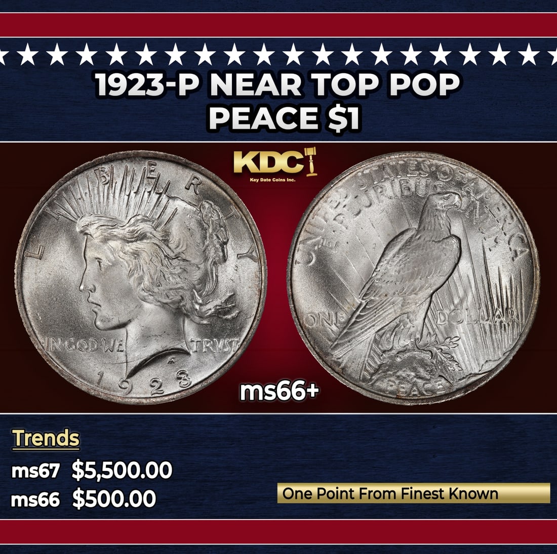 1923-p Peace Dollar Near Top Pop $1 ms66+ SEGS: 1923-p Near Top Pop Peace Dollar $1 ms66+ SEGS. Historic precious metal trends is causing increased spot pricing by the day. On auctions with set openings, we are doing our best to have items priced a