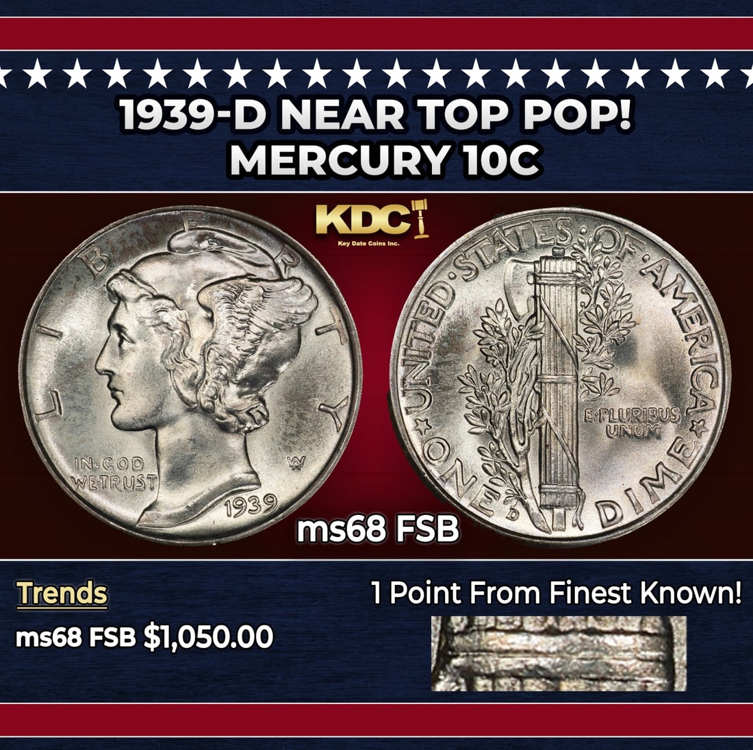 1939-d Mercury Dime Near Top Pop! 10c ms68 FSB SEGS: 1939-d Near Top Pop! Mercury Dime 10c ms68 FSB SEGS. Historic precious metal trends is causing increased spot pricing by the day. On auctions with set openings, we are doing our best to have items pri