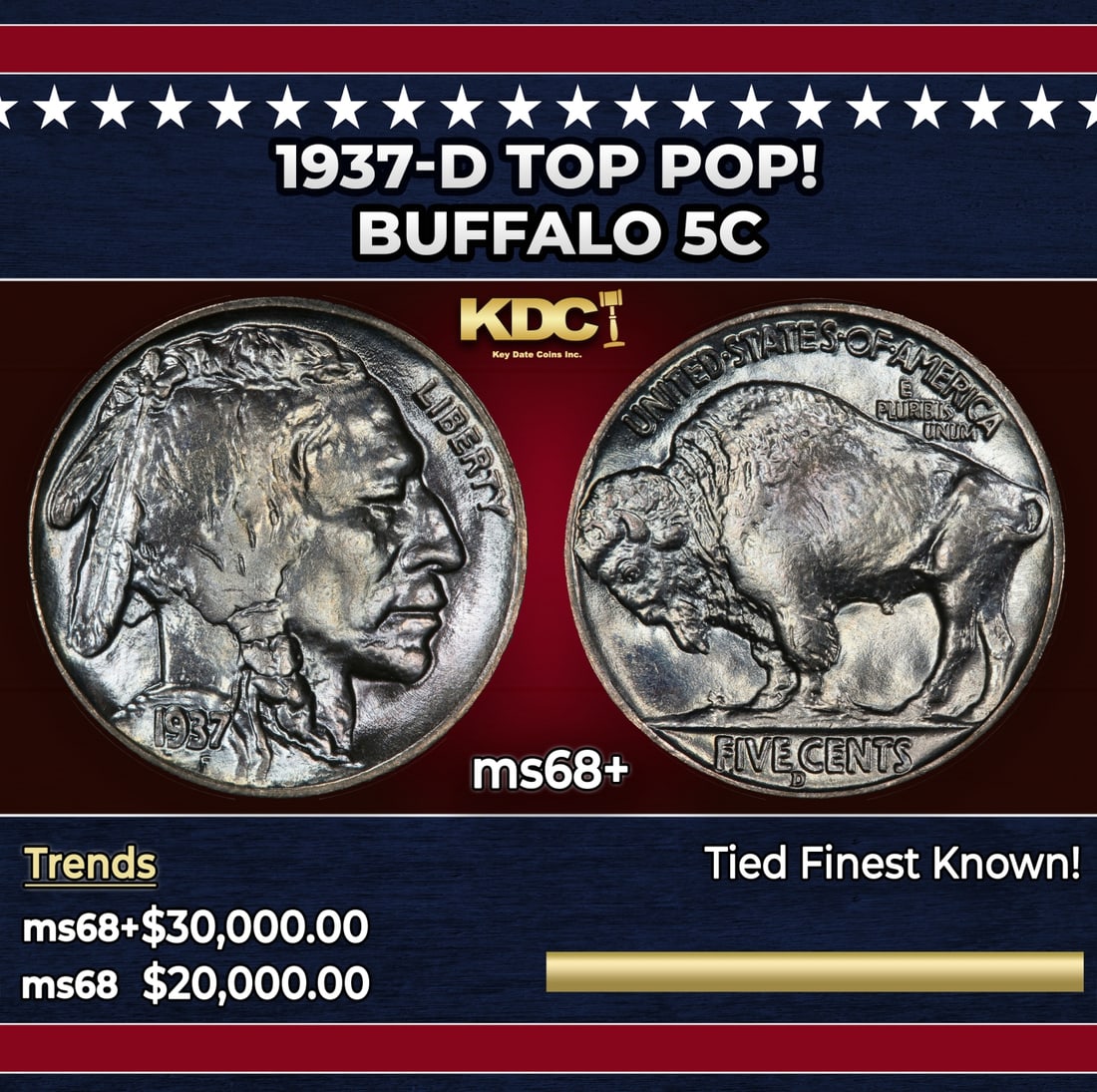 1937-d Buffalo Nickel TOP POP! 5c ms68+ SEGS: 1937-d TOP POP! Buffalo Nickel 5c ms68+ SEGS. Historic precious metal trends is causing increased spot pricing by the day. On auctions with set openings, we are doing our best to have items priced at 