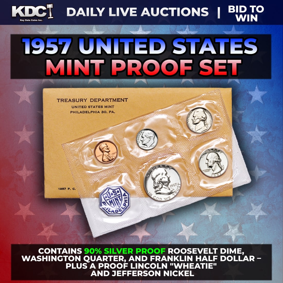1957 United States Mint Silver Proof Set In Original Goventment Packaging, 5 Coins - Manilla: 1957 United States Mint Silver Proof Set In Original Goventment Packaging, 5 Coins - Manilla Envelope. Those who appreciate low-mintage coins of the finest quality will enjoy owning this official 1956