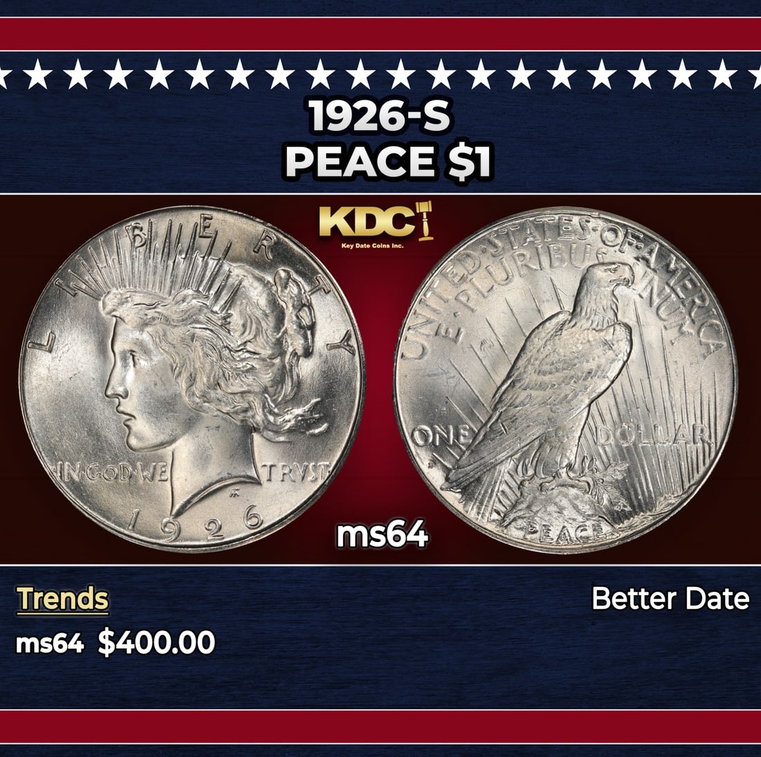 1926-s Peace Dollar $1 Grades ms64: 1926-s Peace Dollar $1 Grades ms64. Historic precious metal trends is causing increased spot pricing by the day. On auctions with set openings, we are doing our best to have items priced at their mark