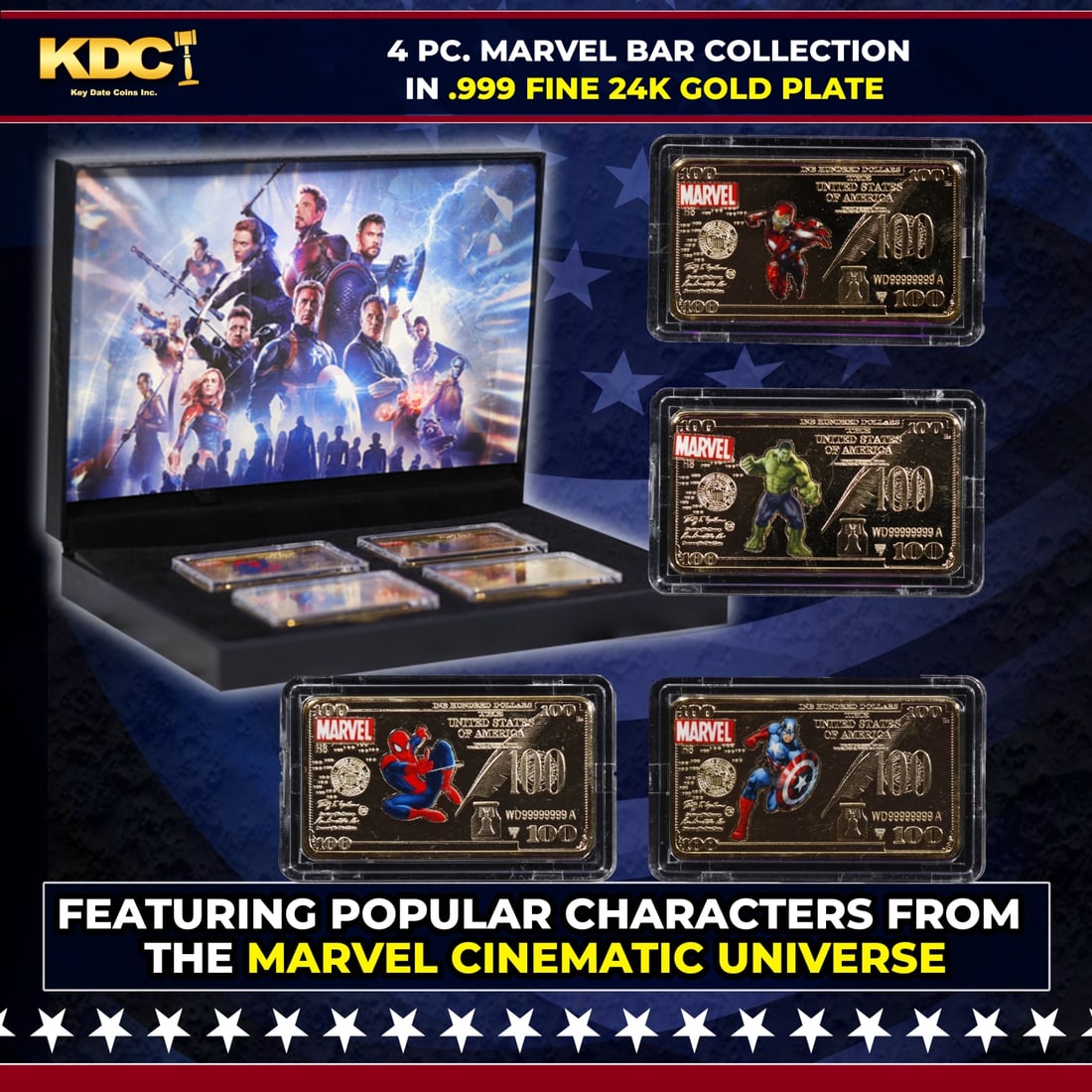 4 PC. Marvel Super Hero Gold Plated Art Bar Collection In Custom Box W/ Special Backer card (1 of 8)