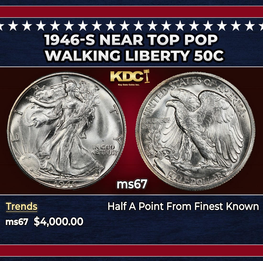 1946-s Walking Liberty Half Dollar Near Top Pop 50c ms67 SEGS: 1946-s Near Top Pop Walking Liberty Half Dollar 50c ms67 SEGS. Historic precious metal trends is causing increased spot pricing by the day. On auctions with set openings, we are doing our best to have