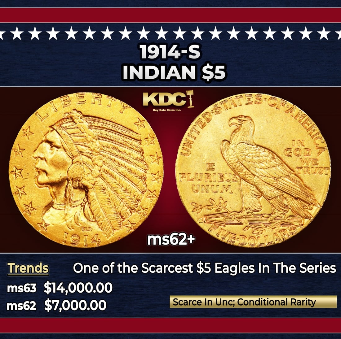 1914-s Gold Indian Half Eagle $5 ms62+ USCG: 1914-s Gold Indian Half Eagle $5 ms62+ USCG. Superior striking quality and surface preservation highlight this significant rarity among Indian half eagles. The devices are uniformly bold with most fea