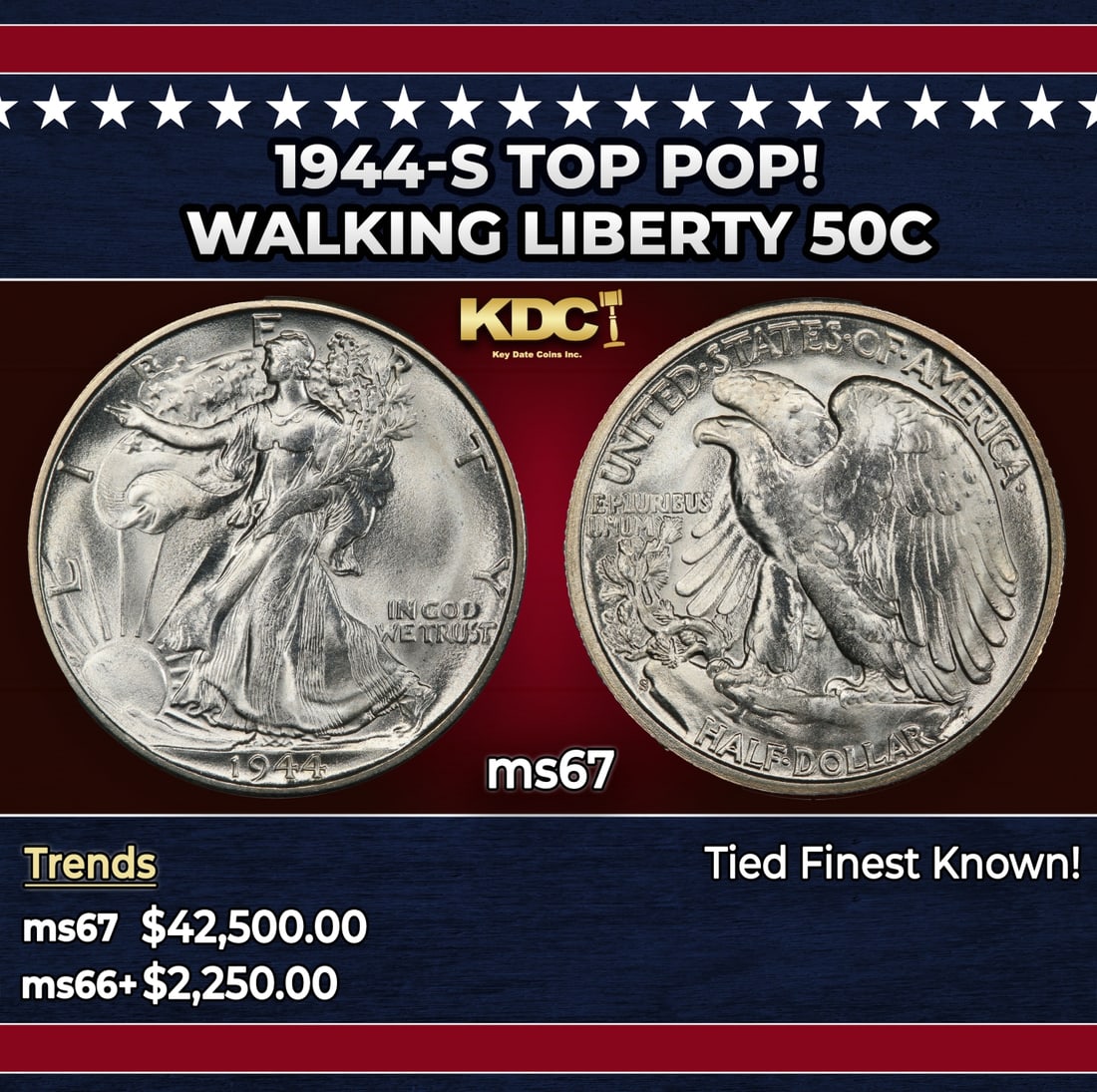 1944-s Walking Liberty Half Dollar TOP POP! 50c ms67 SEGS: 1944-s TOP POP! Walking Liberty Half Dollar 50c ms67 SEGS. Historic precious metal trends is causing increased spot pricing by the day. On auctions with set openings, we are doing our best to have ite