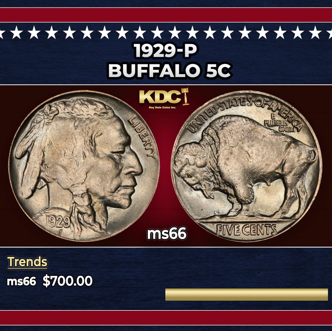 1929-p Buffalo Nickel 5c Grades ms66: 1929-p Buffalo Nickel 5c Grades ms66. Historic precious metal trends is causing increased spot pricing by the day. On auctions with set openings, we are doing our best to have items priced at their ma