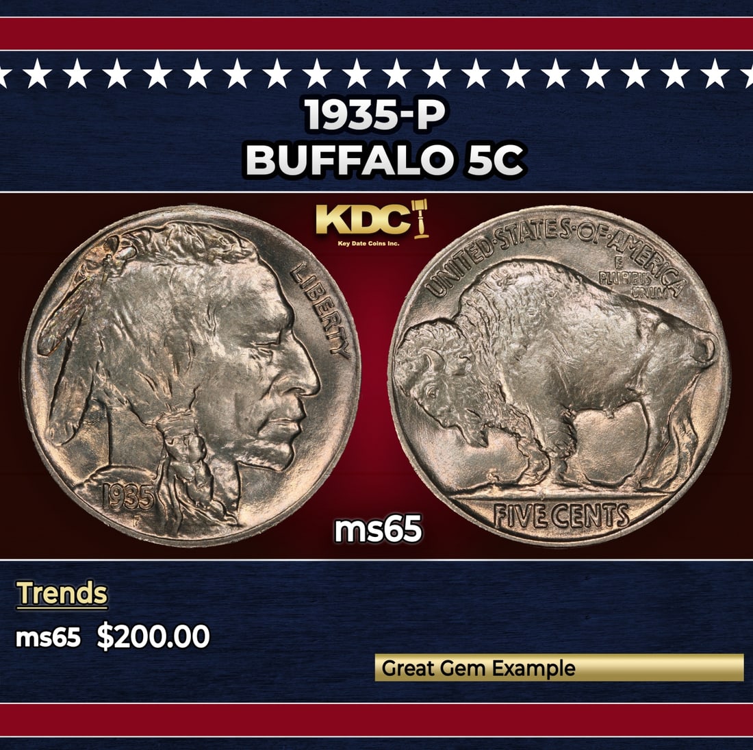 1935-p Buffalo Nickel 5c Grades ms65: 1935-p Buffalo Nickel 5c Grades ms65. Historic precious metal trends is causing increased spot pricing by the day. On auctions with set openings, we are doing our best to have items priced at their ma
