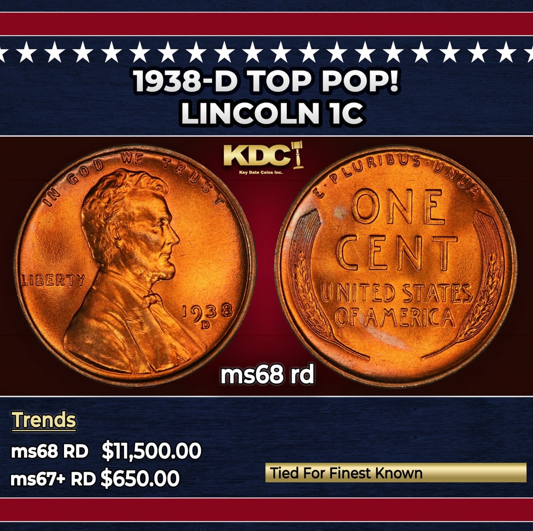 1938-d Lincoln Cent TOP POP! 1c ms68 rd SEGS: 1938-d TOP POP! Lincoln Cent 1c ms68 rd SEGS. Historic precious metal trends is causing increased spot pricing by the day. On auctions with set openings, we are doing our best to have items priced at 