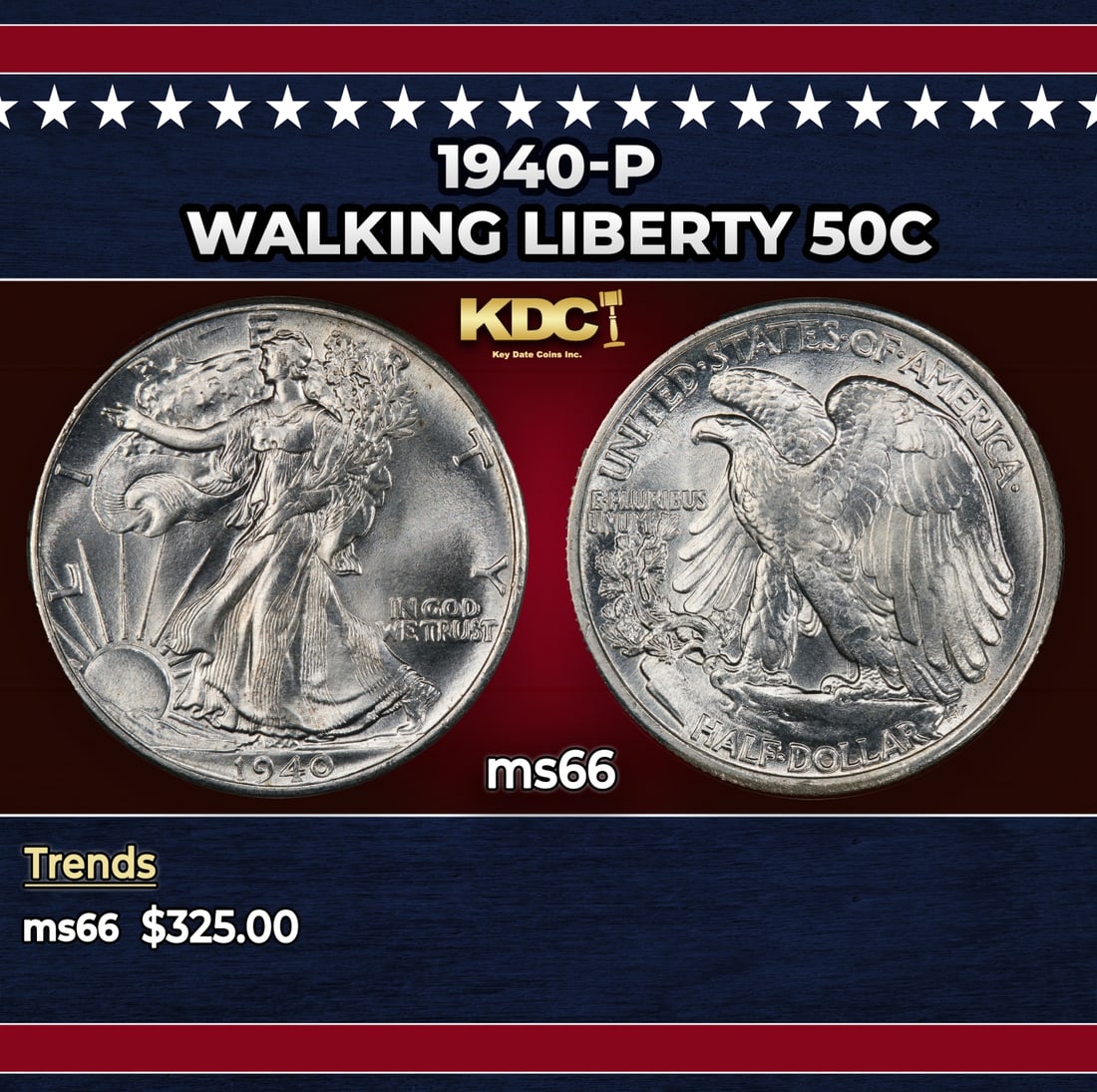 1940-p Walking Liberty Half Dollar 50c Grades ms66: 1940-p Walking Liberty Half Dollar 50c Grades ms66. Historic precious metal trends is causing increased spot pricing by the day. On auctions with set openings, we are doing our best to have items pric