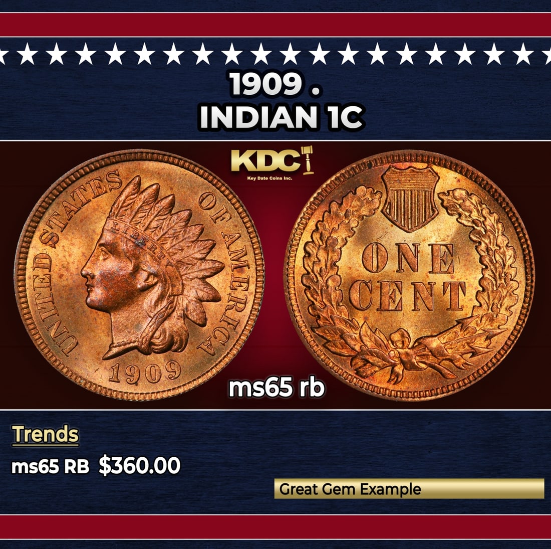 1909 Indian Cent . 1c Grades ms65 rb: 1909 . Indian Cent 1c Grades ms65 rb. Historic precious metal trends is causing increased spot pricing by the day. On auctions with set openings, we are doing our best to have items priced at their ma