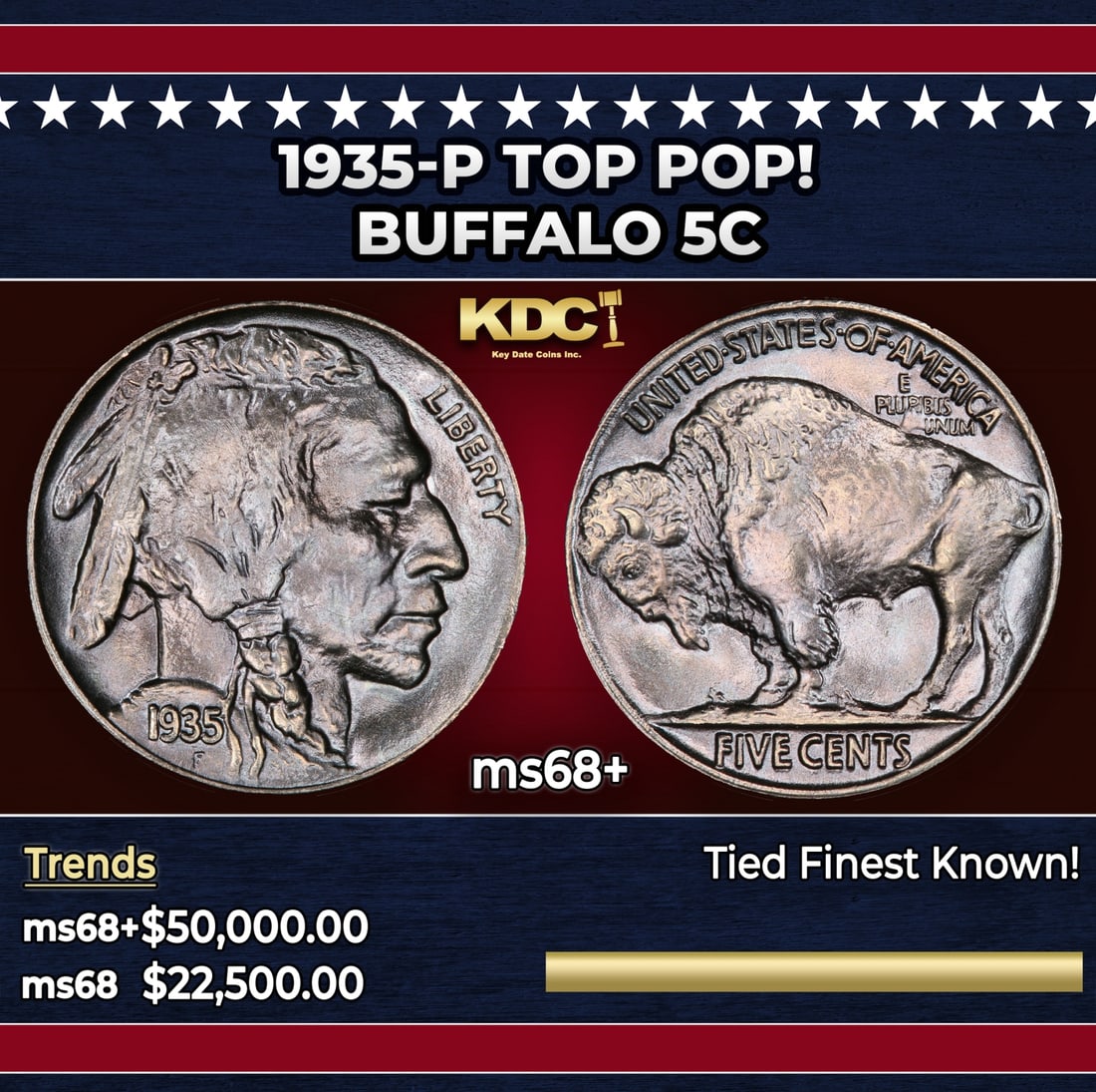 1935-p Buffalo Nickel TOP POP! 5c ms68+ SEGS: 1935-p TOP POP! Buffalo Nickel 5c ms68+ SEGS. Historic precious metal trends is causing increased spot pricing by the day. On auctions with set openings, we are doing our best to have items priced at 