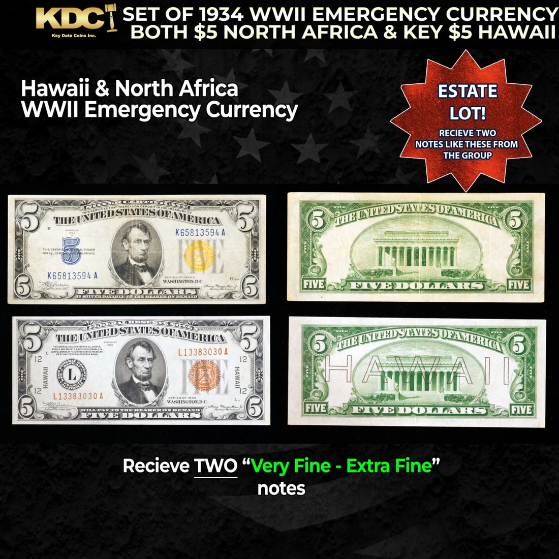 Set of 1934 WWII Emergency Currency Both $5 North Africa & KEY $5 Hawaii Grades VF/XF: Set of 1934 WWII Emergency Currency Both $5 North Africa & KEY $5 Hawaii Grades VF/XF. Out of about 65 Million Hawaii Notes Printed in all Denominations Only about 7% of them were $5 that makes the $5
