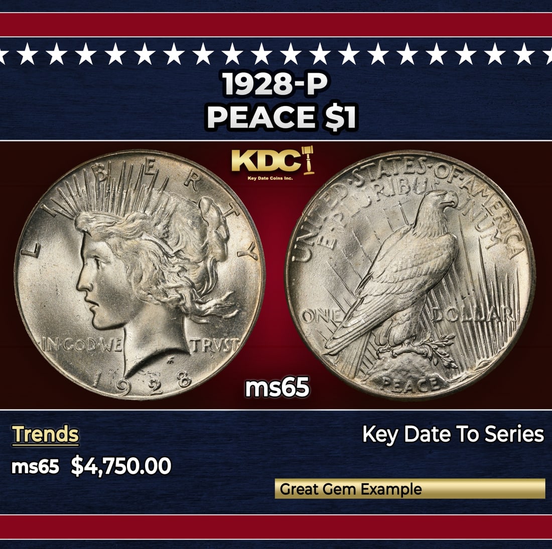 1928-p Peace Dollar $1 ms65 SEGS: 1928-p Peace Dollar $1 ms65 SEGS. Incredibly scarce date, lowest mintage in the entire Peace Dollar Series. Scarce in all grades. Historic precious metal trends is causing increased spot pricing by th