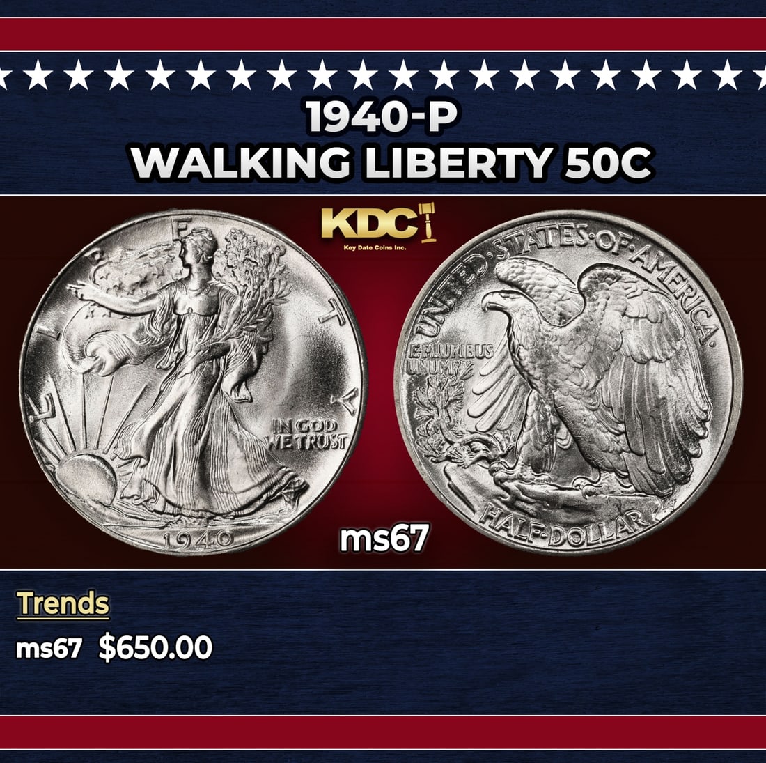 1940-p Walking Liberty Half Dollar 50c ms67 SEGS: 1940-p Walking Liberty Half Dollar 50c ms67 SEGS. Historic precious metal trends is causing increased spot pricing by the day. On auctions with set openings, we are doing our best to have items priced