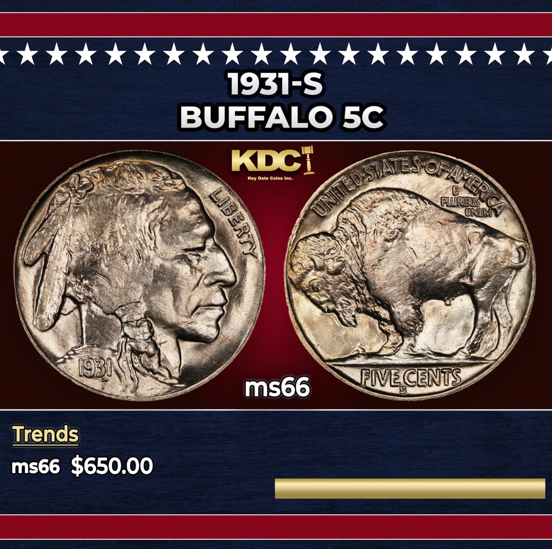 1931-s Buffalo Nickel 5c Grades ms66: 1931-s Buffalo Nickel 5c Grades ms66. Historic precious metal trends is causing increased spot pricing by the day. On auctions with set openings, we are doing our best to have items priced at their ma