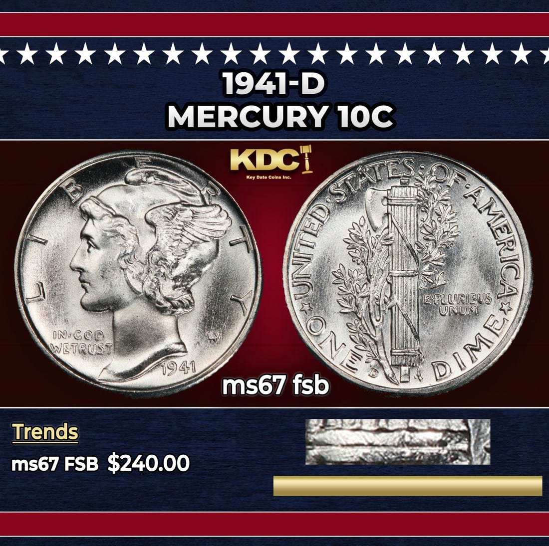1941-d Mercury Dime 10c ms67 fsb SEGS: 1941-d Mercury Dime 10c ms67 fsb SEGS. Historic precious metal trends is causing increased spot pricing by the day. On auctions with set openings, we are doing our best to have items priced at their m